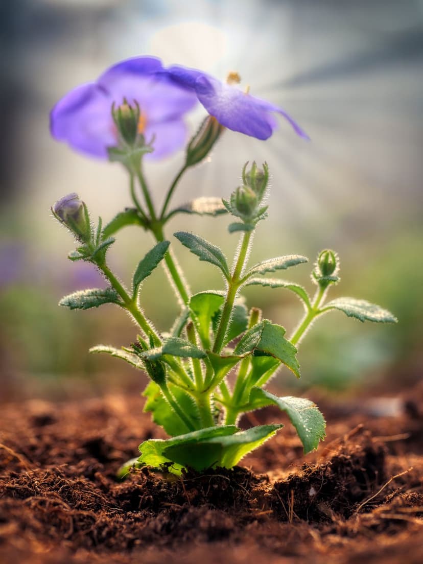 Purple flower blooming from dark earth with sunbeams hitting dewdrops on fuzzy green leaves and small buds.
