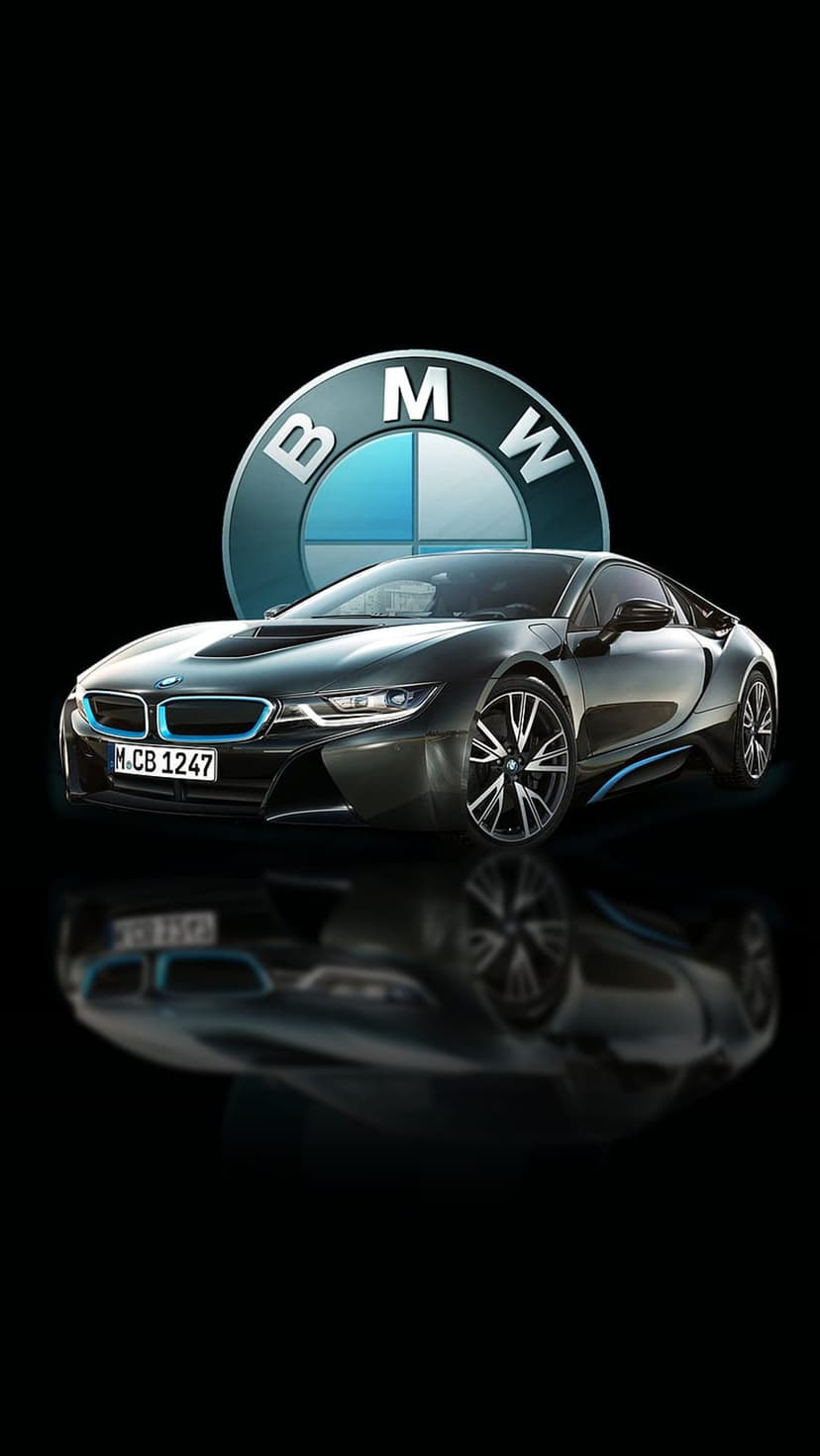 BMW i8 sports car with blue accents stands before a large BMW logo on a reflective black floor in vertical view.