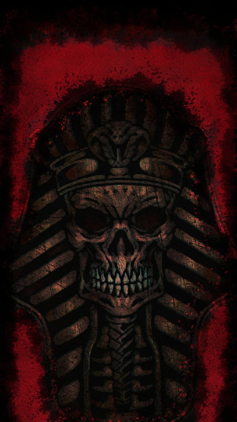 Weathered pharaoh skull with a cobra headdress set against a dark red smoky background with sarcophagus details.