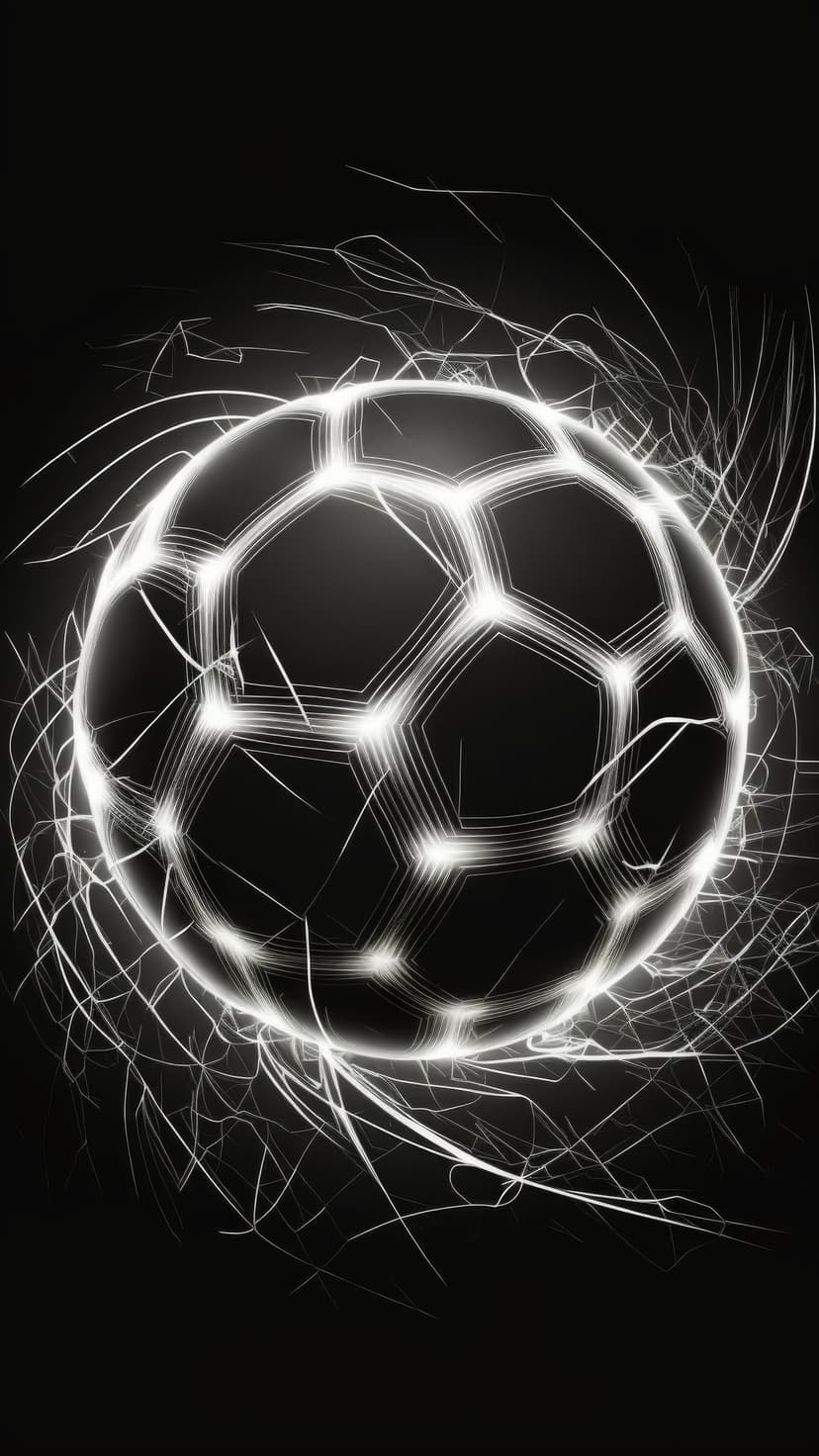 Soccer ball with glowing white hexagonal panels and bright light streaks against a solid black background.