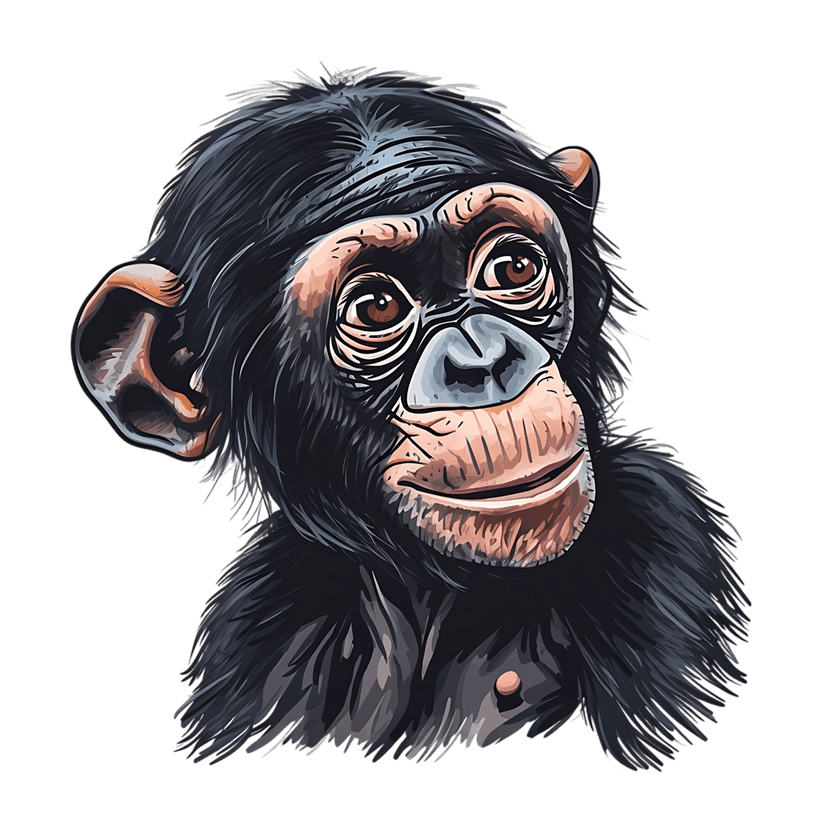 Baby chimpanzee digital illustration showing a frontal primate head with brown eyes and detailed fur textures.