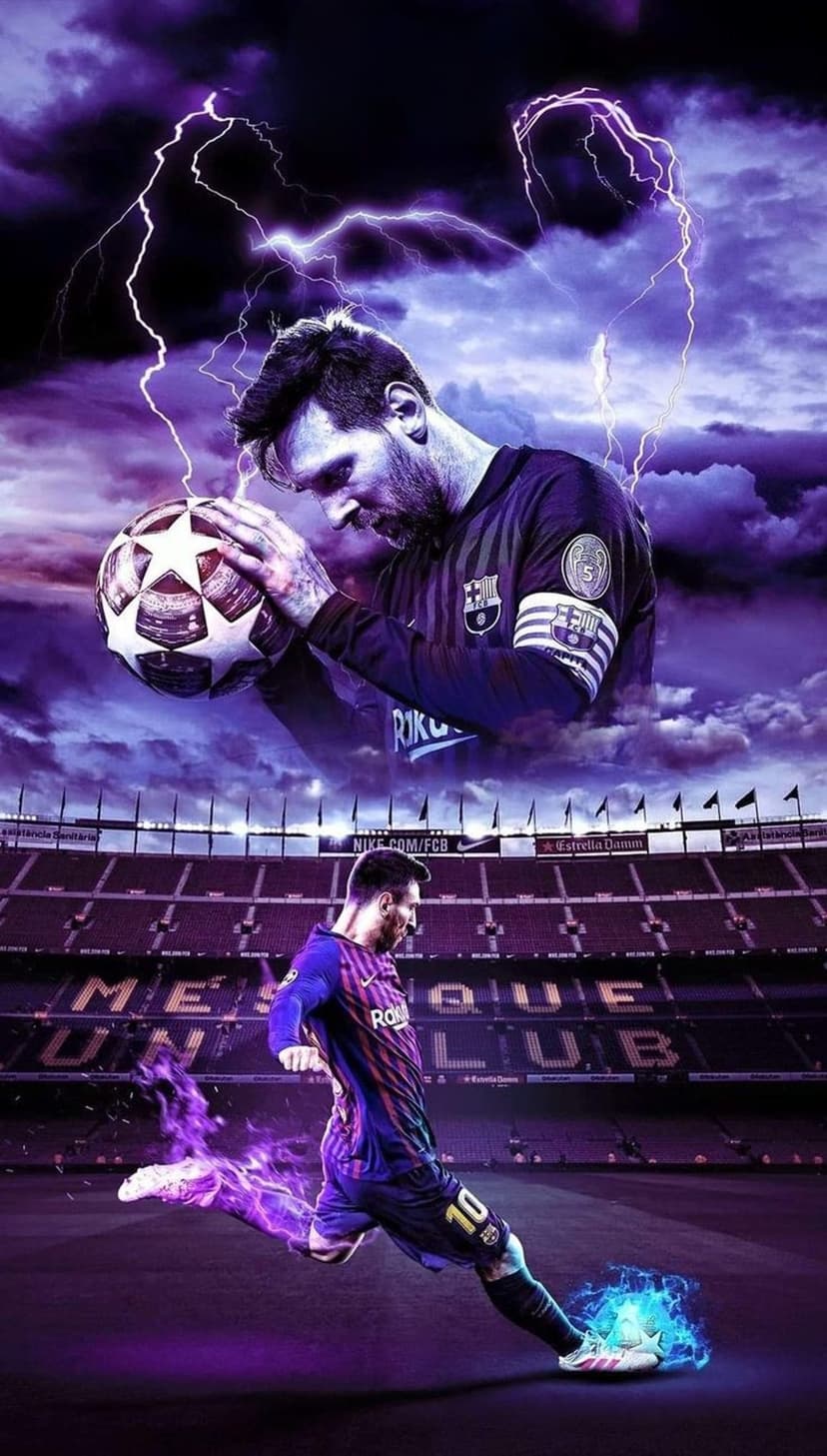 Lionel Messi dribbles a soccer ball as purple lightning strikes and orange fire blazes near his feet in a stadium.