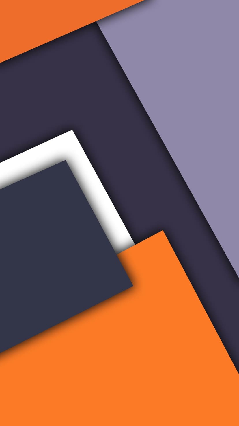Overlapping geometric shapes in orange, indigo, and lavender create a layered material design with soft shadows.
