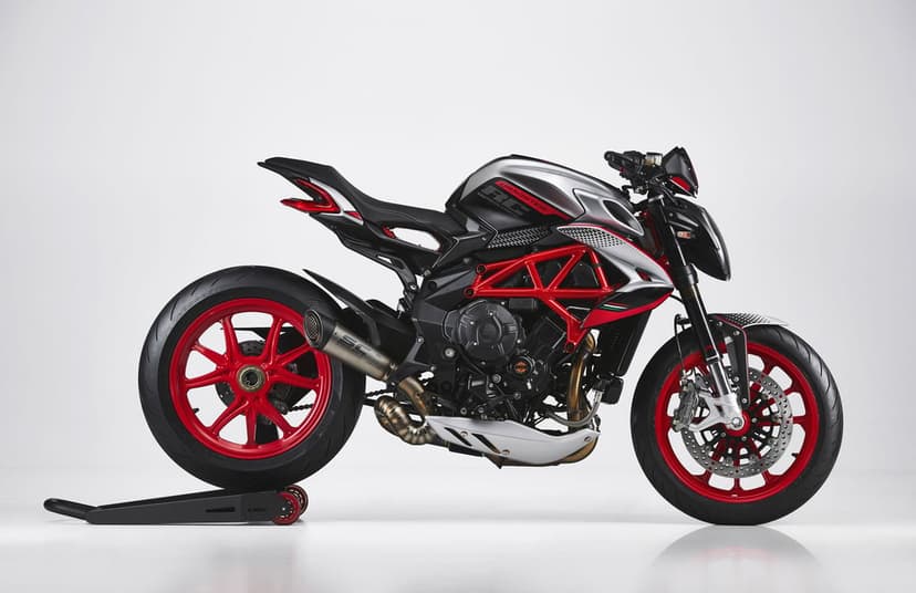 MV Agusta Dragster RC motorcycle with red trellis frame and red wheels on a clean white background.