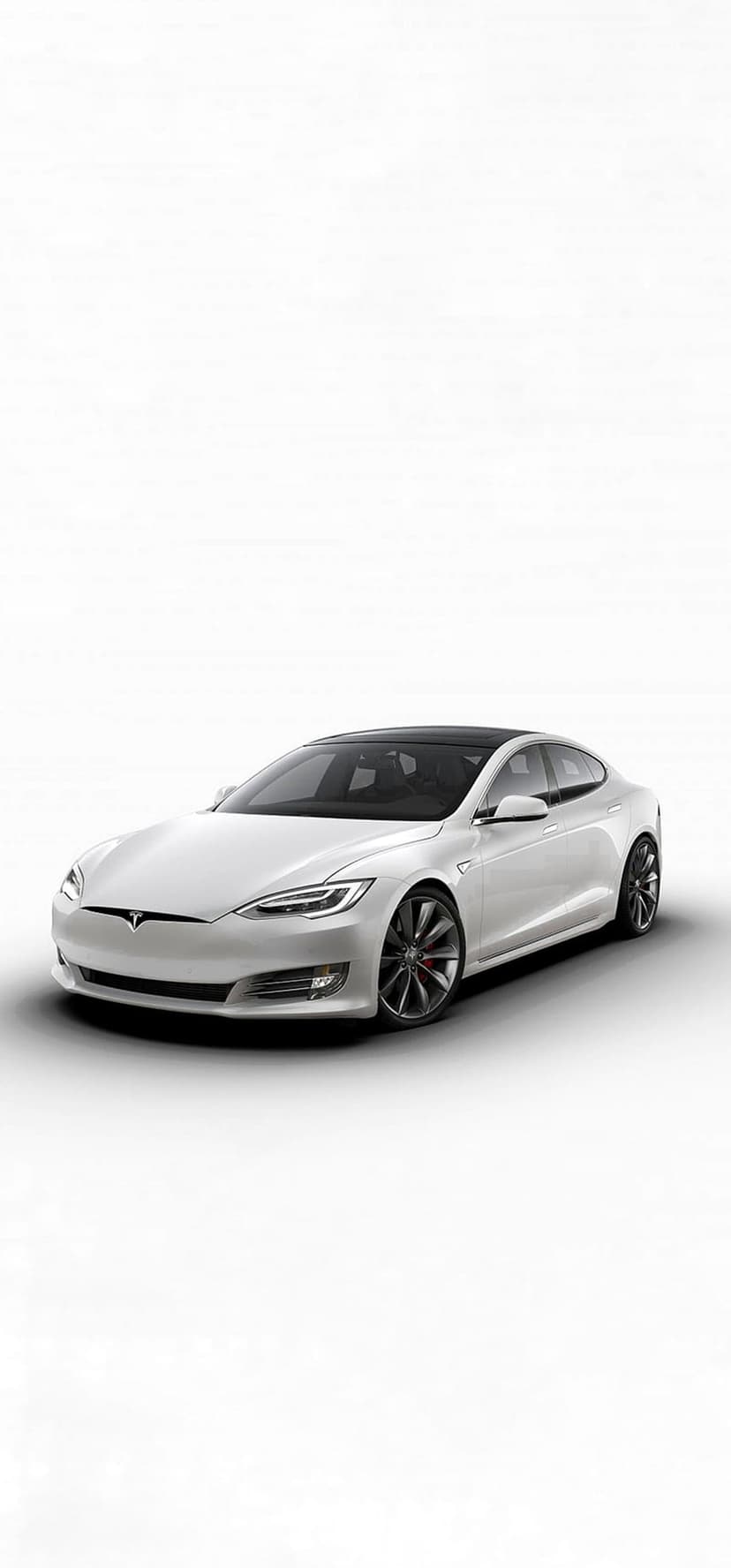 White Tesla Model S electric sedan with red brake calipers and LED headlights on a minimalist white background.