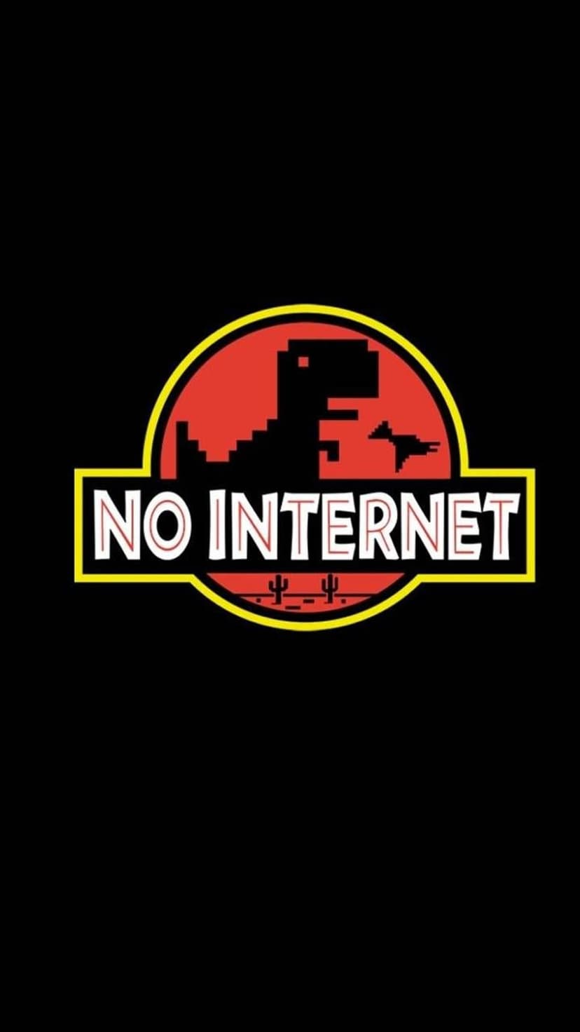 Pixelated dinosaur skeleton inside a red circular frame with yellow text reading no internet on a black background.