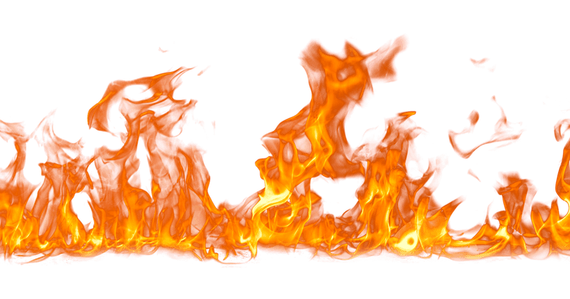 Realistic orange fire combustion effect flickering upwards with translucent glowing edges and hot yellow core.