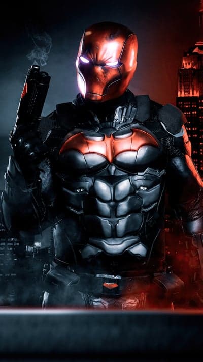 Red Hood in Armor with Gun and Glowing Eyes