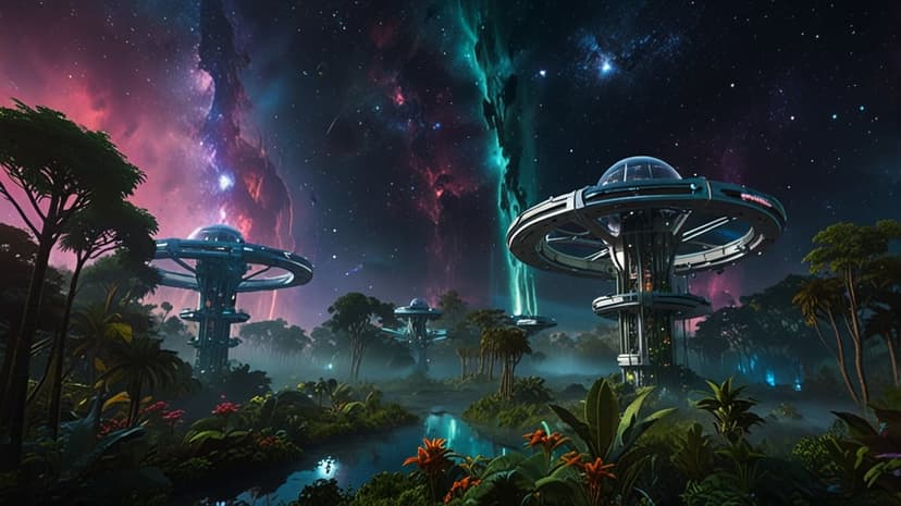Circular space stations rise from bioluminescent alien flora near calm water under a purple nebula night sky.