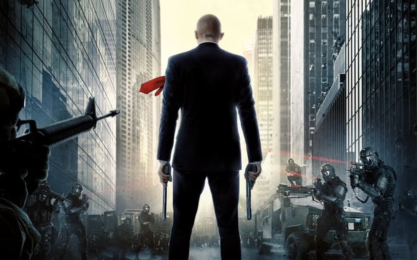 Agent 47 with dual pistols stands in a city street surrounded by tactical teams with red laser sights.