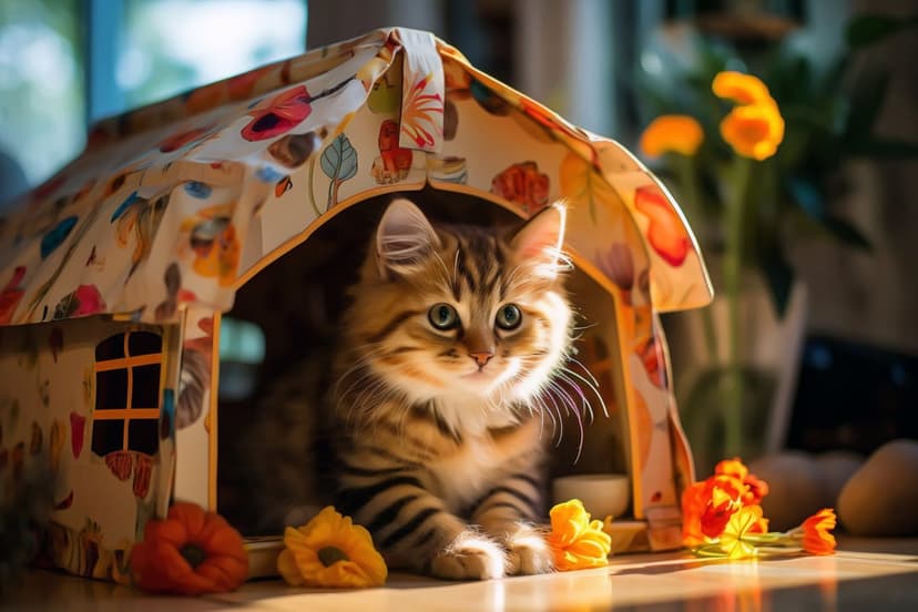 Tabby kitten with blue-green eyes peeking from a floral playhouse tent surrounded by orange and yellow flowers.