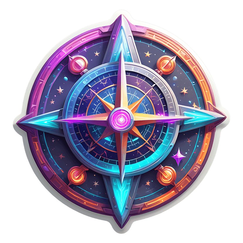 Futuristic compass rose neon sticker glowing with purple and orange lights against a dark starry space background.
