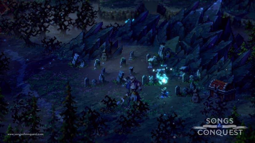 Pixel art skeletal warrior in a dark graveyard with blue glowing wisps and jagged rocks at night.