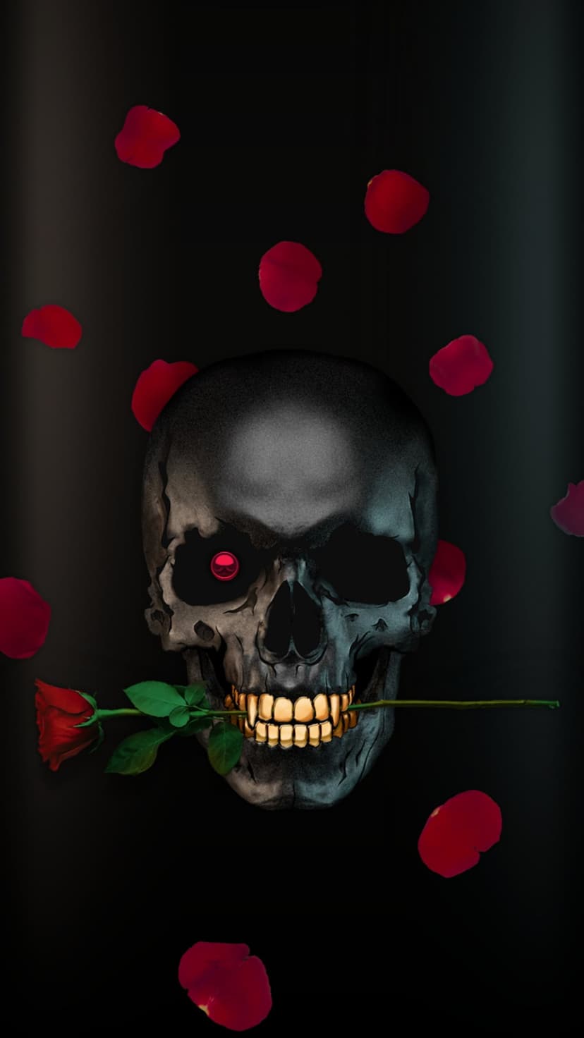 Skull with glowing red eyes and golden teeth bites a crimson rose while petals fall against a black background.