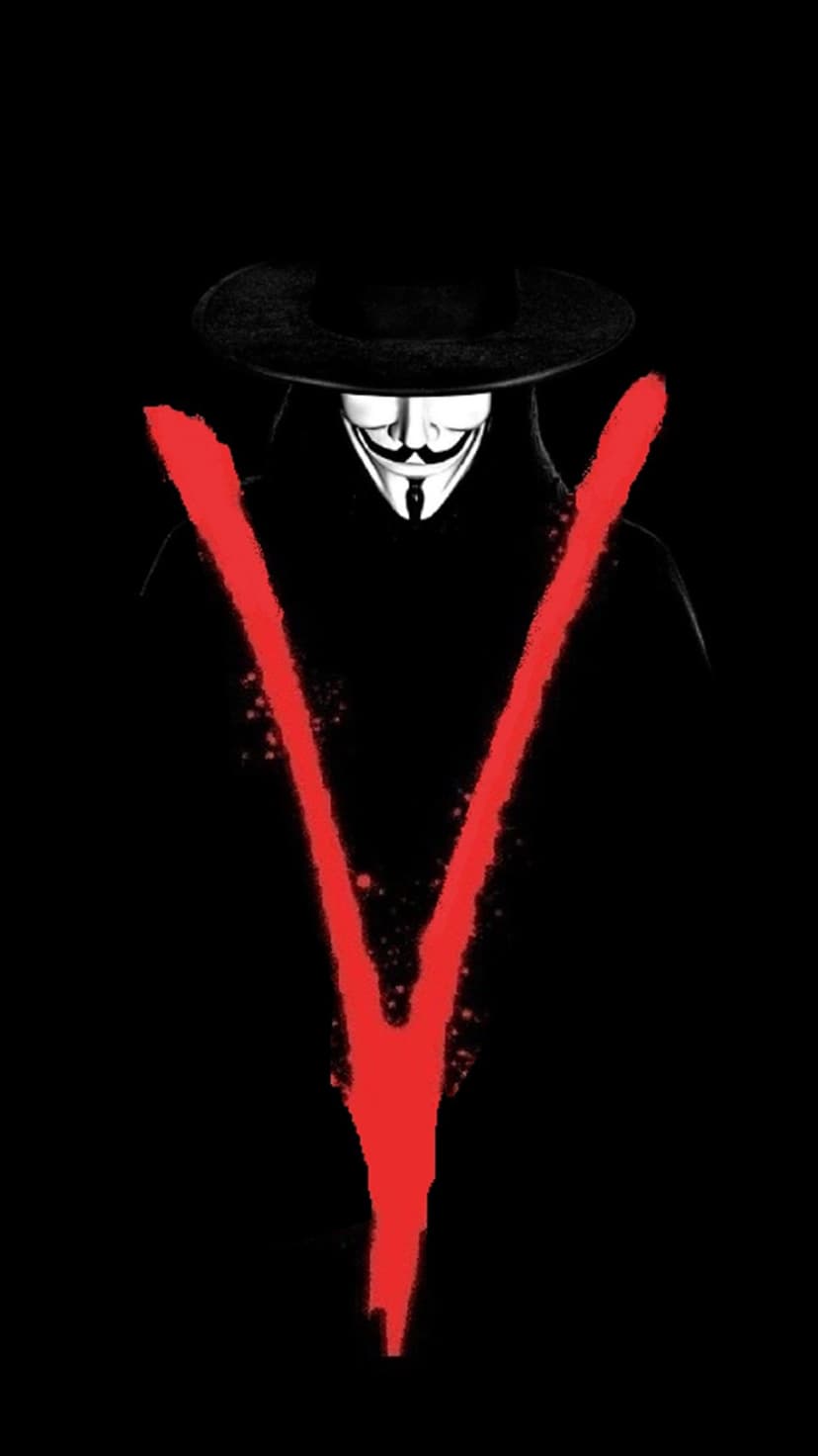 Guy Fawkes mask and black hat behind a textured red V symbol on a solid black background for a phone display.