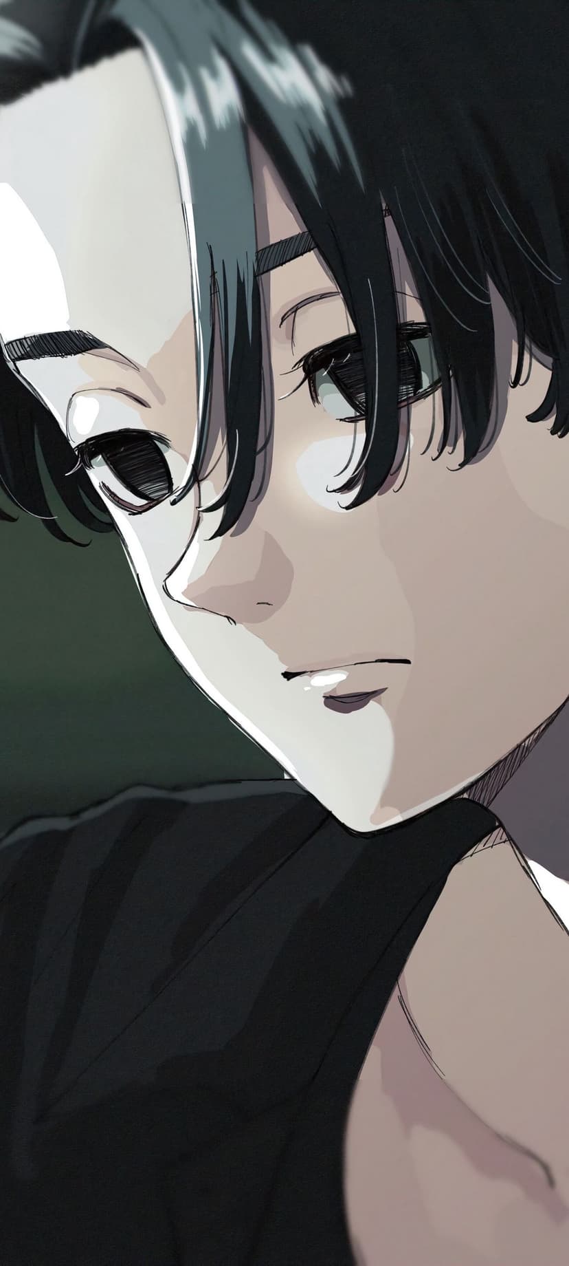 Dark-haired anime protagonist with large expressive eyes and messy fringe in a high-contrast vertical portrait.