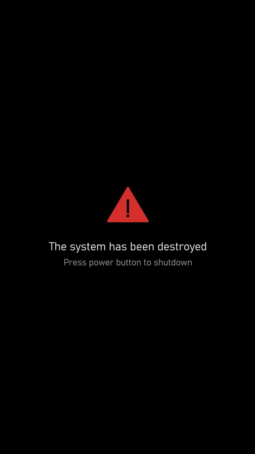 Red exclamation mark triangle and white error text on a black background for a vertical mobile display.
