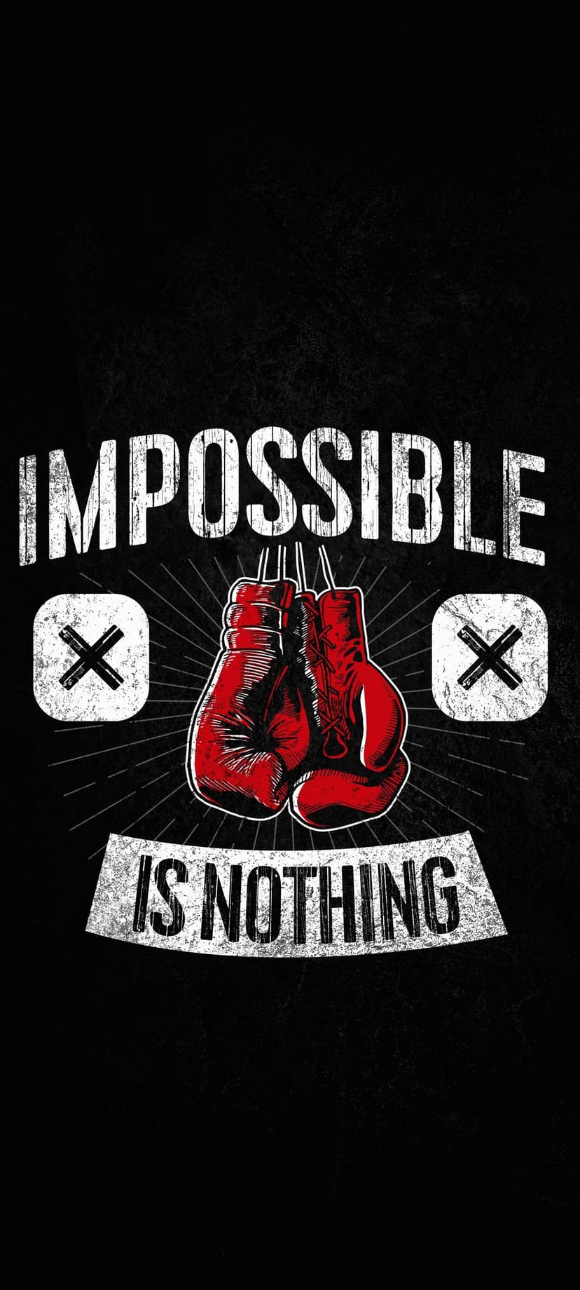 Red boxing gloves hanging with distressed white motivational lettering against a dark textured background.