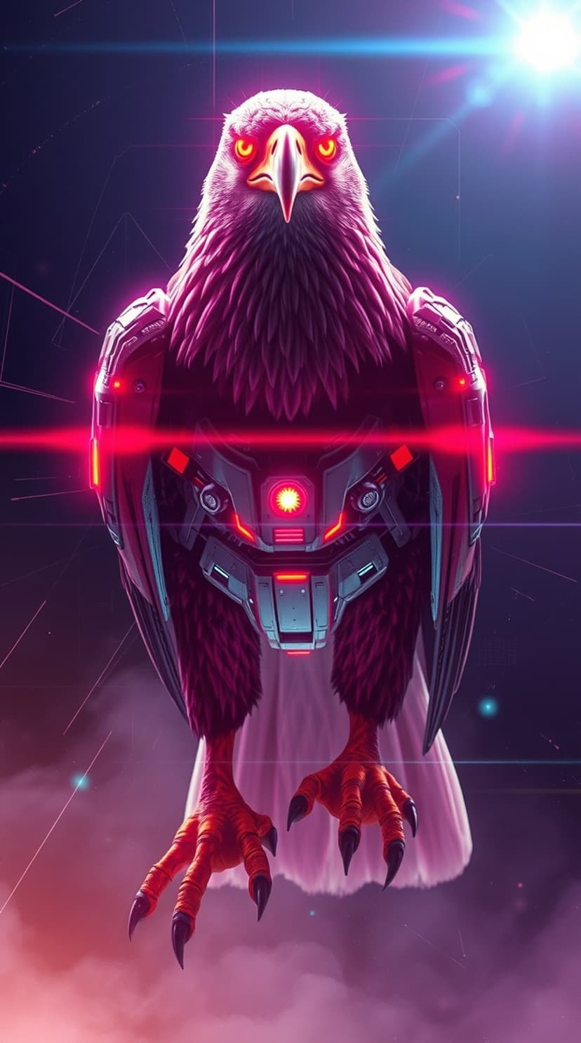 Robotic eagle with metallic wings and glowing pink lights hovers in a dark, smoky, futuristic environment.