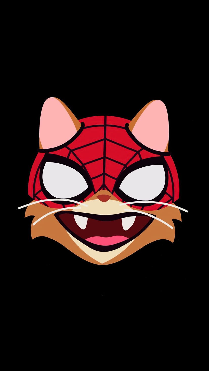 Masked cat with large white eyes and sharp fangs wears a red superhero cowl against a solid black background.