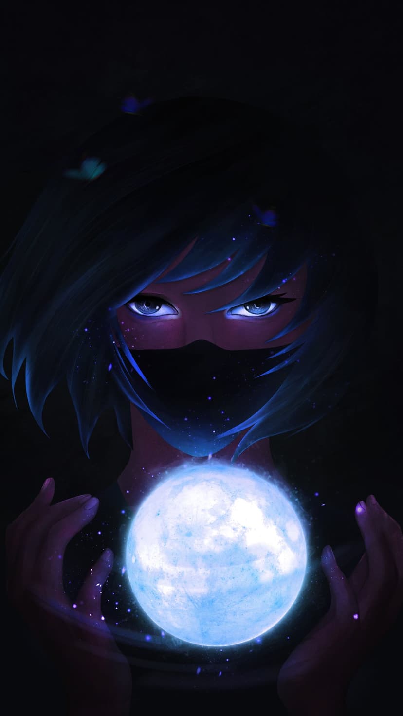Masked girl with glowing blue eyes cradles a luminous sphere amidst floating butterflies and purple sparkles.