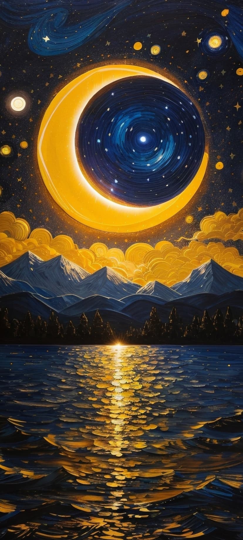 Luminous golden crescent moon shining over snowy mountain peaks and a reflective lake under a starry night sky.