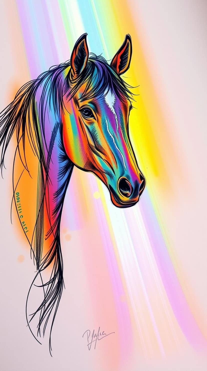Horse head with a glowing rainbow mane against a soft pastel background featuring pink, yellow, and purple streaks.