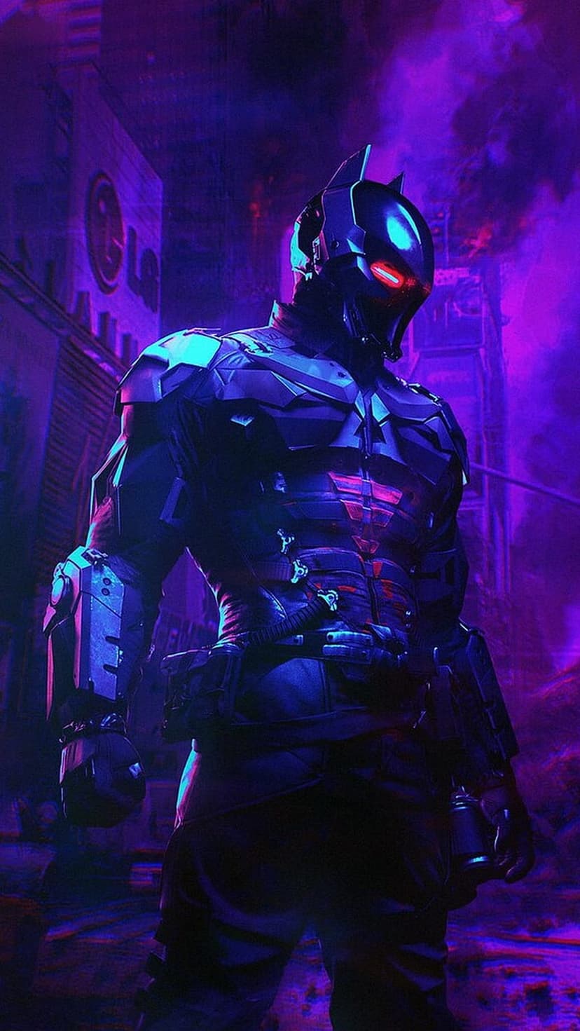 Batman in heavy armor with glowing red eyes stands near purple smoke in a futuristic neon-lit city environment.