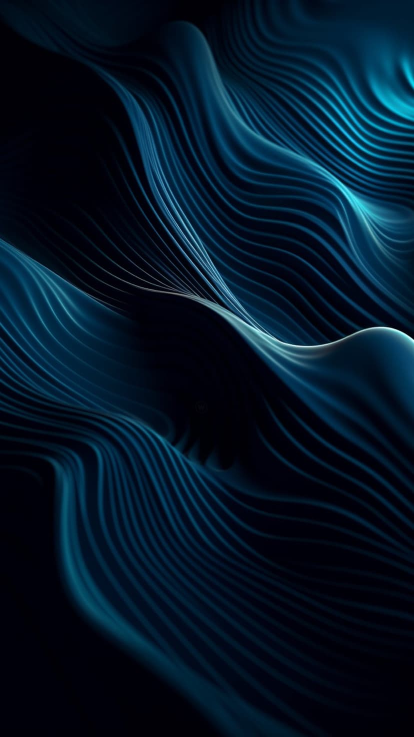 Sinuous navy and indigo ribbons ripple with soft gradients and glowing highlights against a pitch-black void.