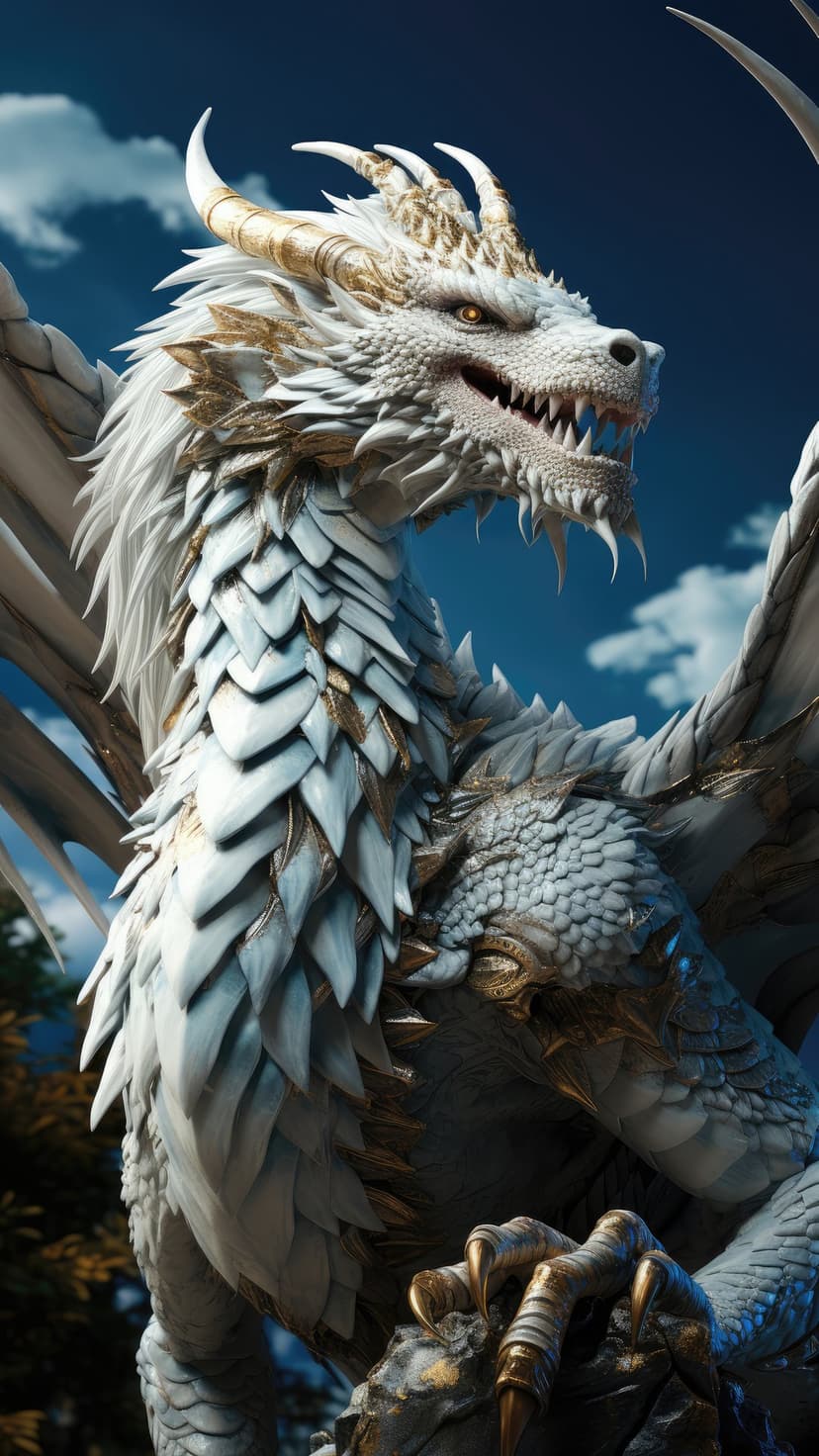 White and gold dragon with sharp horns and amber eyes perches against a blue cloudy sky with visible talons.