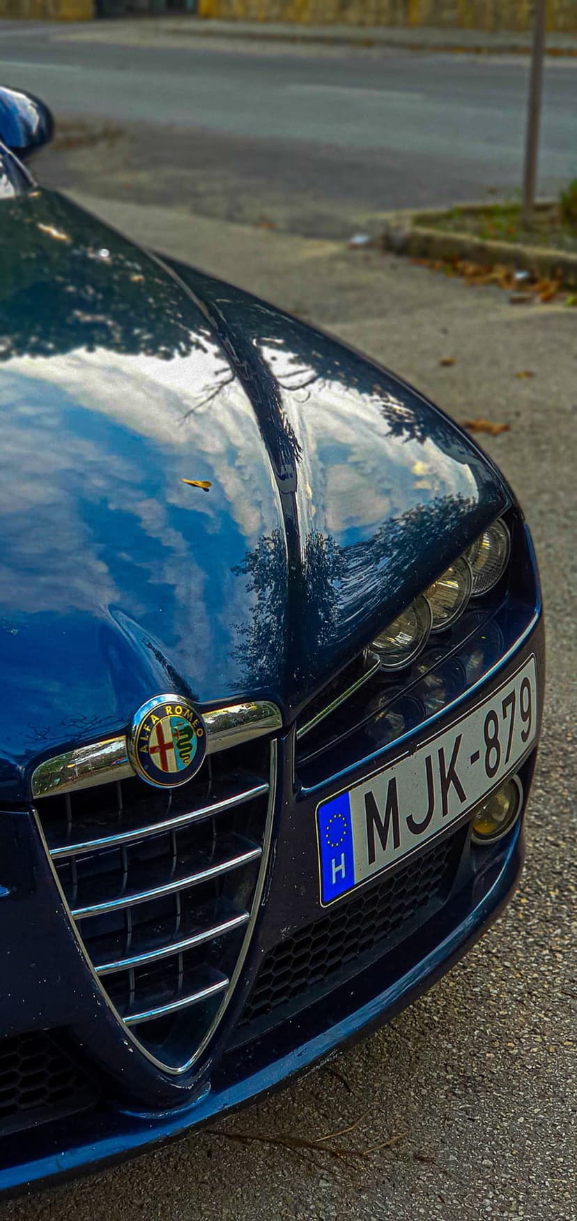 Blue Alfa Romeo car grille with a chrome badge and a Hungarian license plate reflecting sky and trees.