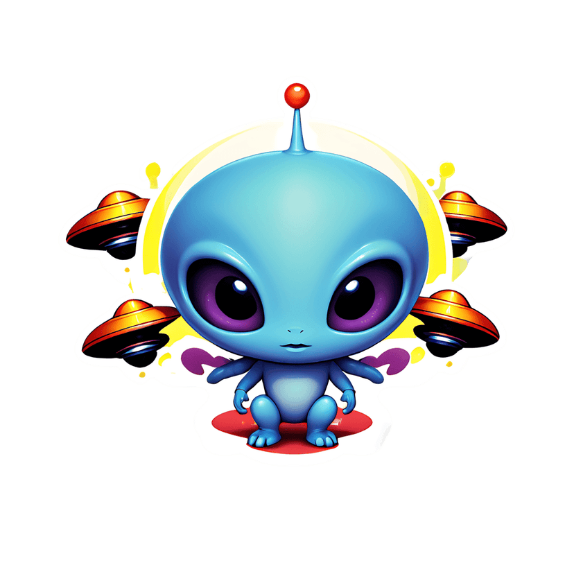 Blue alien sticker with glossy purple eyes sits on a red base surrounded by four gold flying saucers.