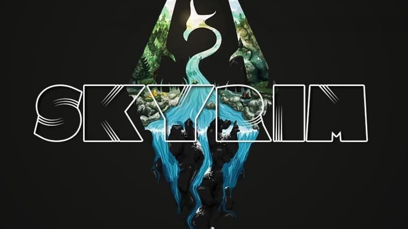 Skyrim dragon logo filled with a green forest and turquoise river landscape on a black background.