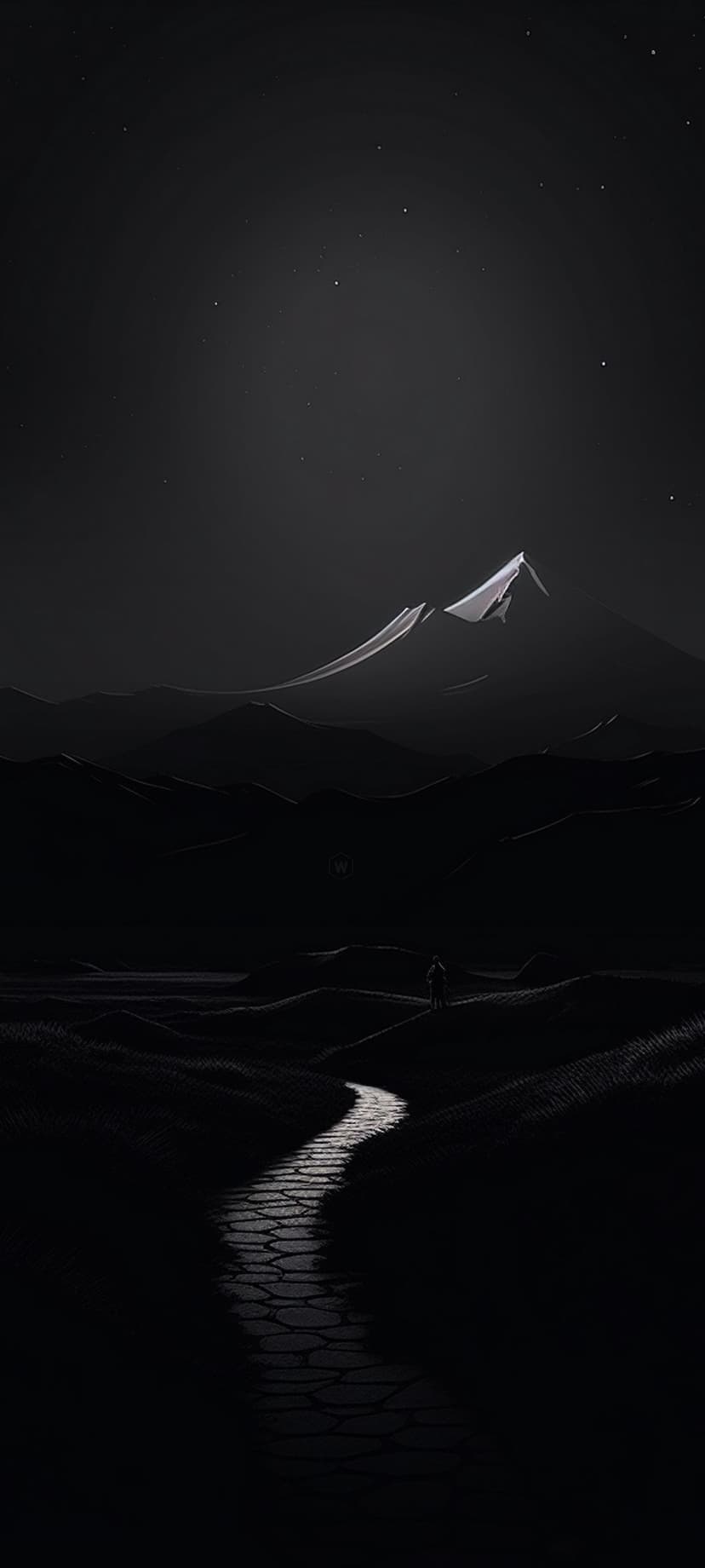 Solitary traveler walks a stone path toward glowing snow peaks under a star-filled midnight sky.
