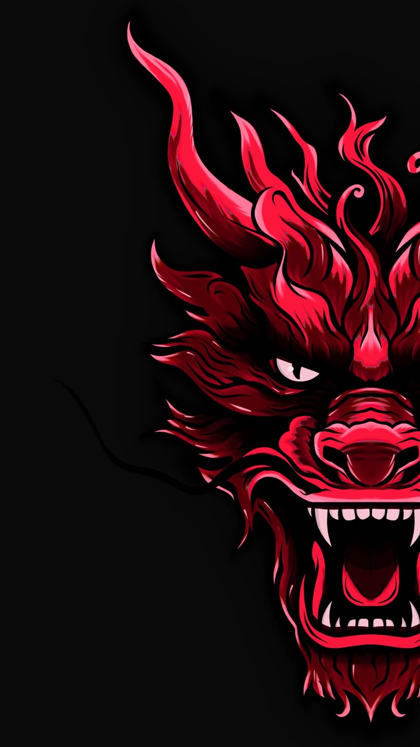 Red dragon head silhouette featuring glowing yellow eyes and sharp white teeth set against a black background.