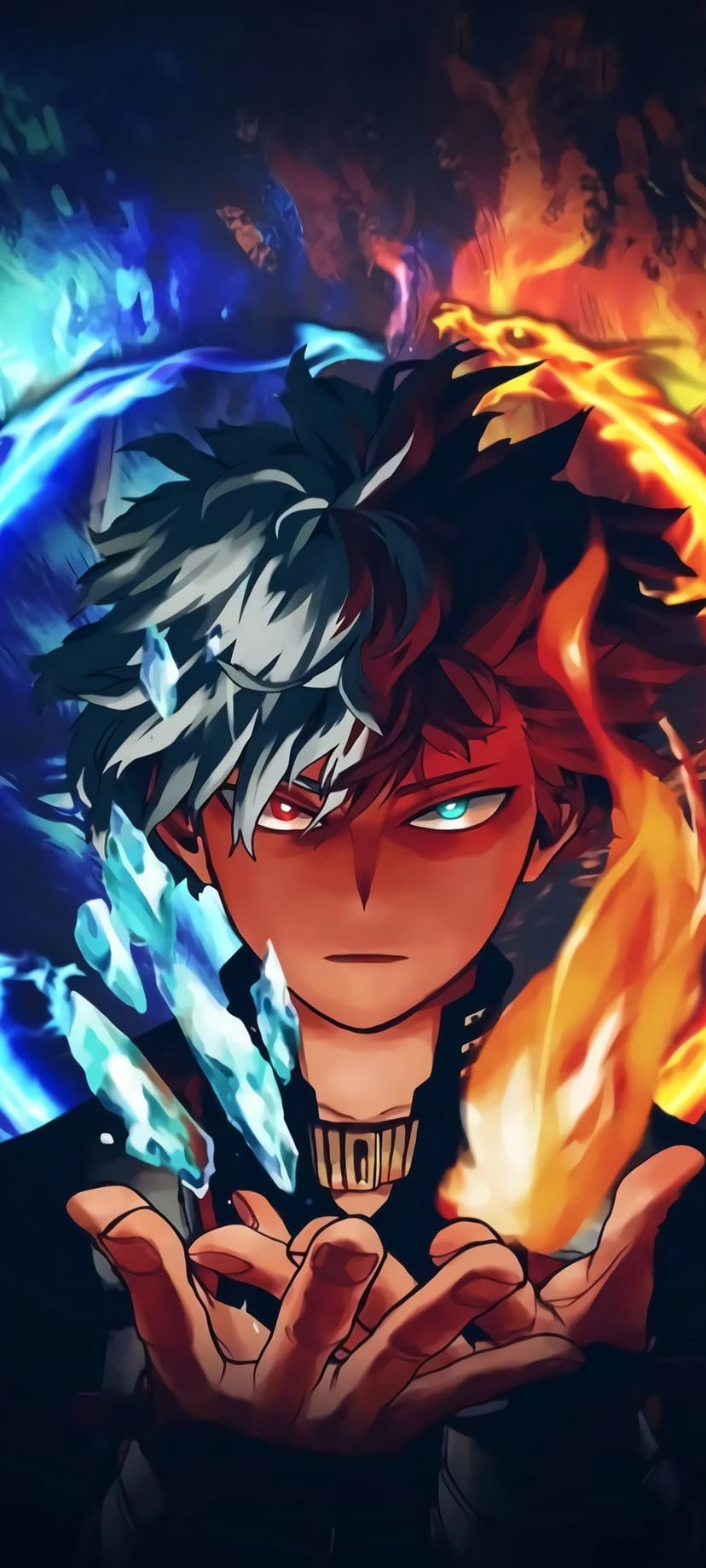 Shoto Todoroki wields jagged ice and bright flames while his red and blue eyes glow in a vertical battle scene.