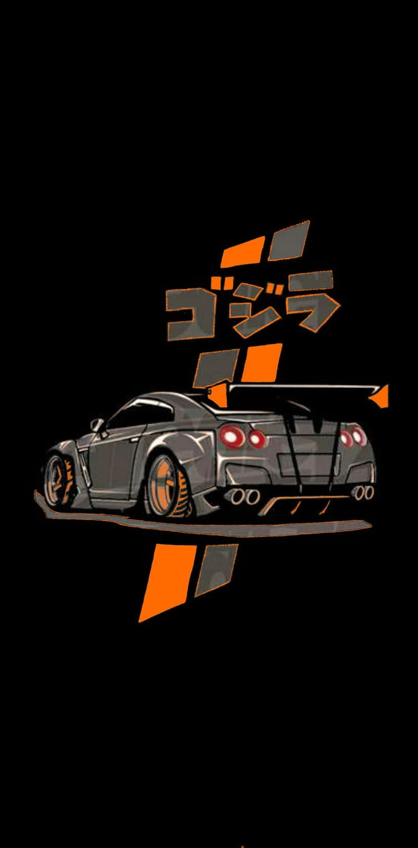 Nissan GT-R sports car in grey with orange trim and Japanese text, optimized for vertical mobile screens.