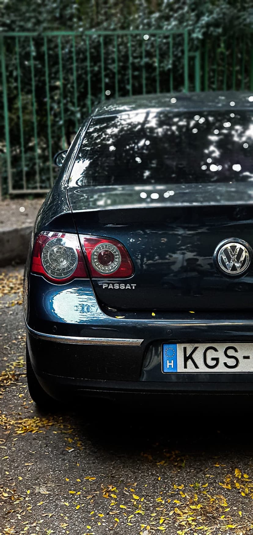 Dark blue Volkswagen Passat rear view on gravel with autumn leaves and a visible Hungarian license plate.