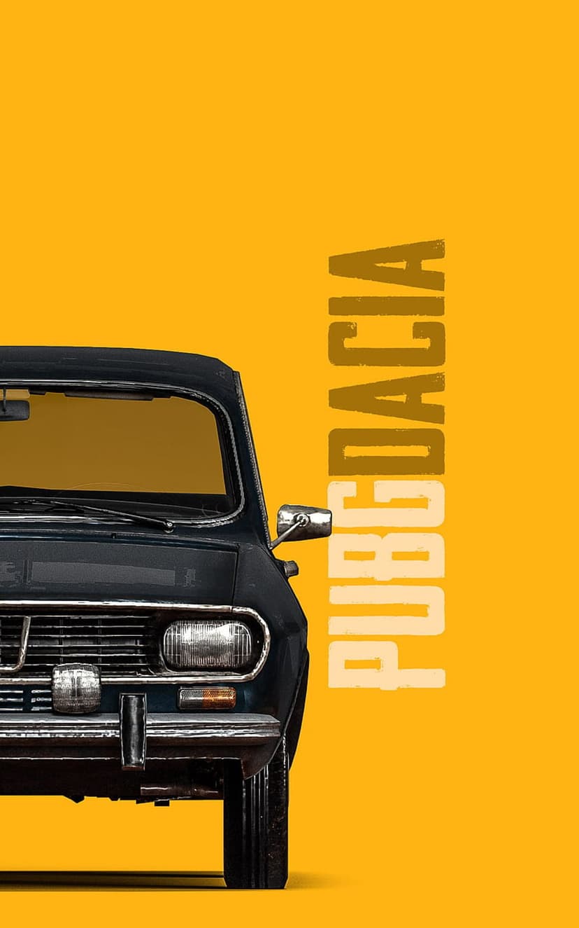 Dacia sedan with a vintage aesthetic sits on a solid yellow background with vertical text along the right edge.