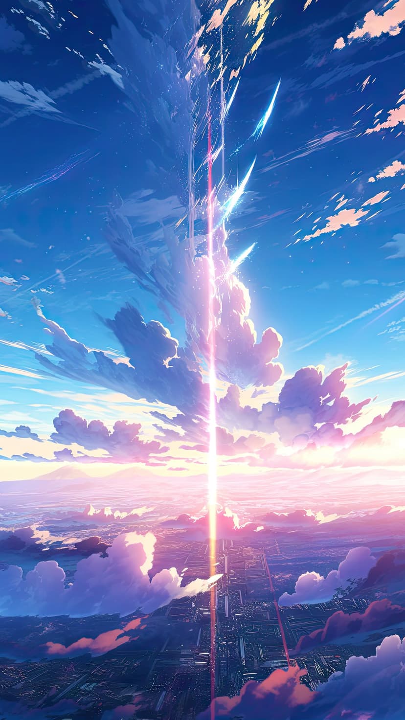 Pink fluffy clouds and a bright vertical light beam hover over a sprawling city grid at sunset with shooting stars.