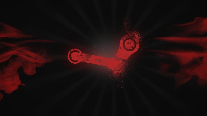 Distressed red Steam logo on a dark background with subtle radial burst lines and atmospheric red smoke.