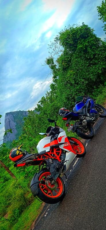 Two sport bikes parked on a scenic mountain road