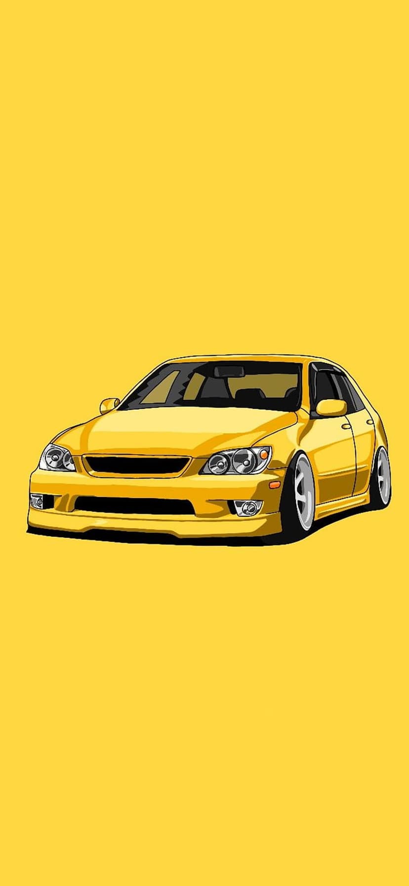 Yellow sport sedan with custom wheels and lowered suspension sits against a solid yellow background.