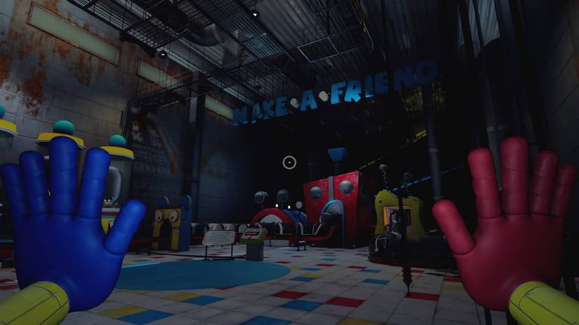 Blue and red GrabPack hands reach toward a dimly lit toy factory with a neon Make-A-Friend sign and machinery.