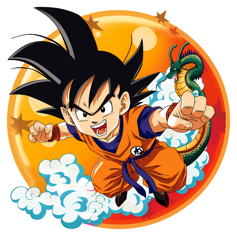 Goku anime character in an orange gi performing a martial arts pose with a green dragon and white clouds.