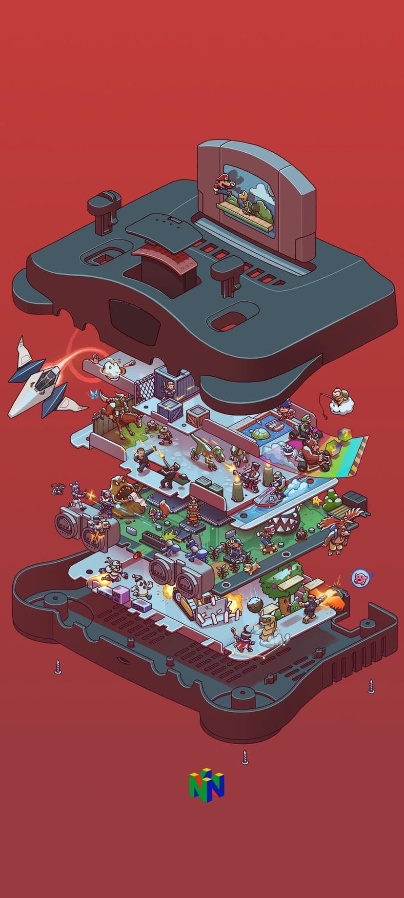 Nintendo 64 controller parts float apart to reveal Mario and Zelda characters on a bright red background.