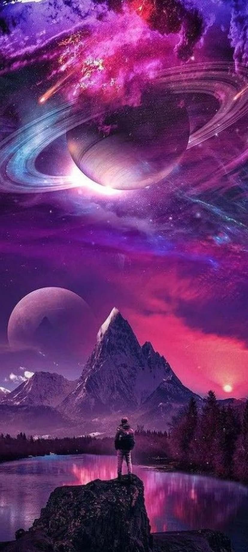 Lone traveler stands on a rocky cliff overlooking a lake and mountains under a sky filled with ringed planets.