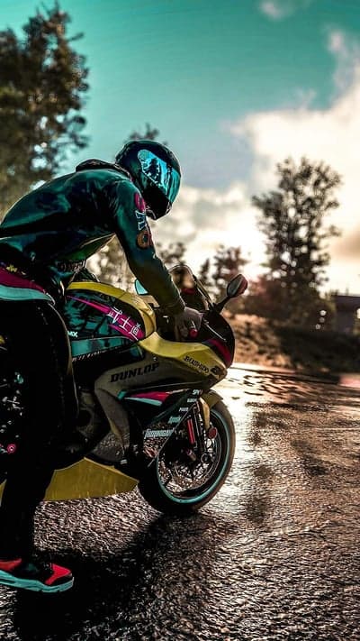 Cyber Racing Motorcyclist Rain Reflections Phone Wallpaper