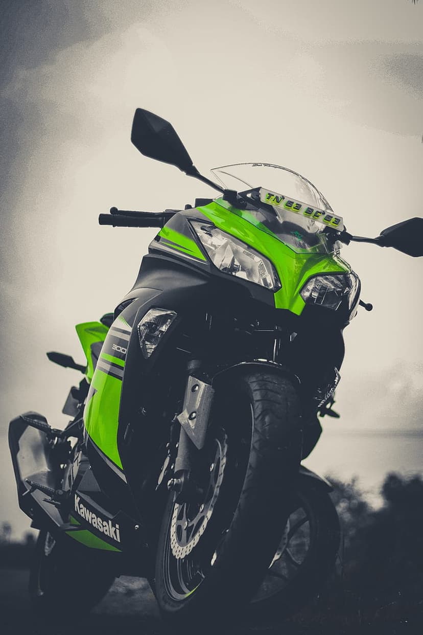 Kawasaki Ninja 300 sportbike front view shows dual headlights, green fairings, and a black aerodynamic windshield.