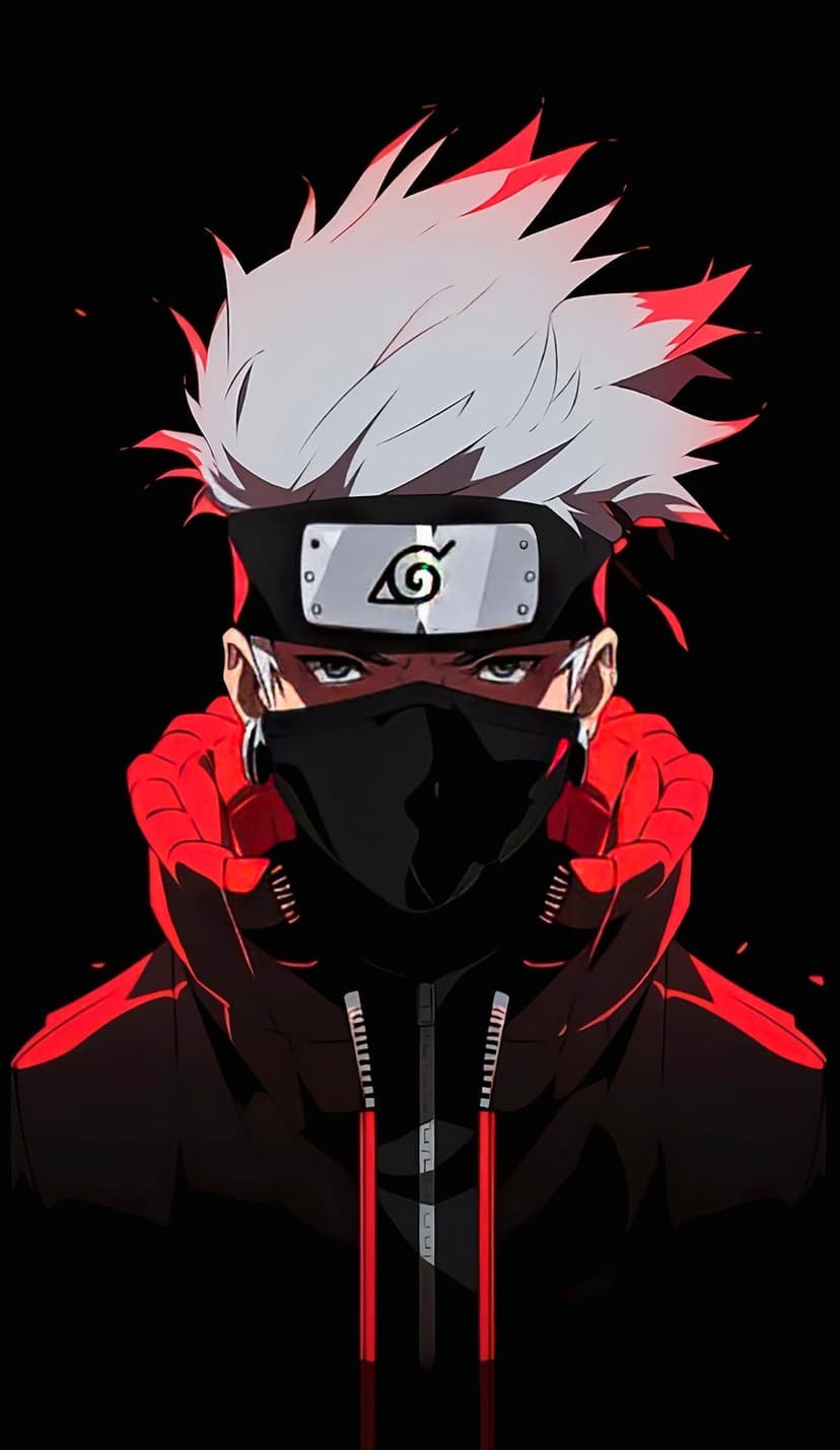 Kakashi Hatake with silver hair and a mask wears a red hoodie against a dark, atmospheric, moody background.